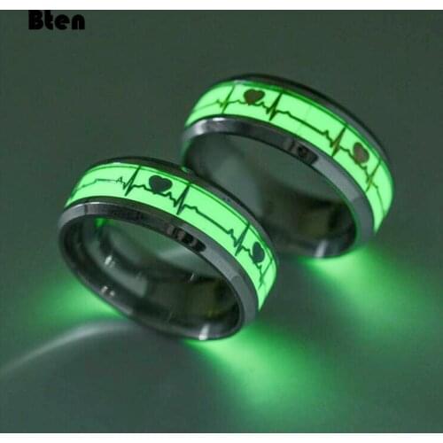 Bten Heartbeat Luminous Rings Women Men Stainless Steel Fluorescent Glowing In dark Finger Wedding Band Jewelry Gift Accessories
