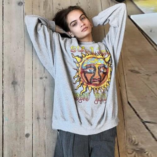 Harajuku Sun Letter Print Crewneck Oversized Sweatshirts Women 2021 Autumn Casual Loose Pullover Vintage Gray Sweat Shirt Femme