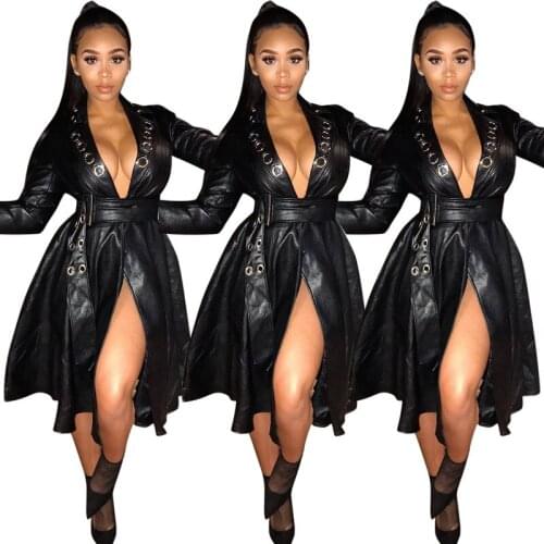 Faux leather Coat European American fashion Trench Coat Spring Autumn Sexy PU Leather Overcoat Long Slim Windbreaker With Belt