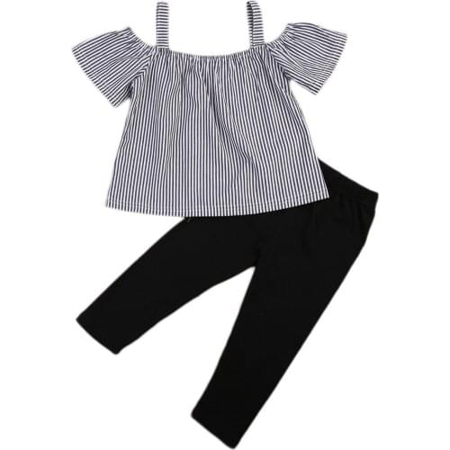 High Quality Baby Girls Clothes Casual Off Shoulder Tops T-Shirt Striped Print Long Pants 2PCs Outfits Kid Clothing Set