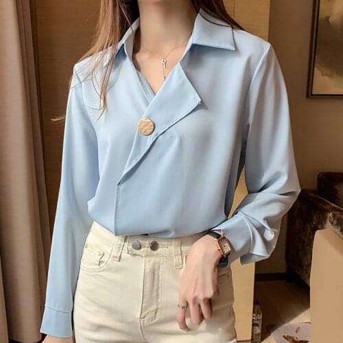 Shintimes Blue Notched Shirt Women Chiffon Blouse England Style Clothes 2020 Fall Long Sleeve Button Womens Tops Chemisier Femme