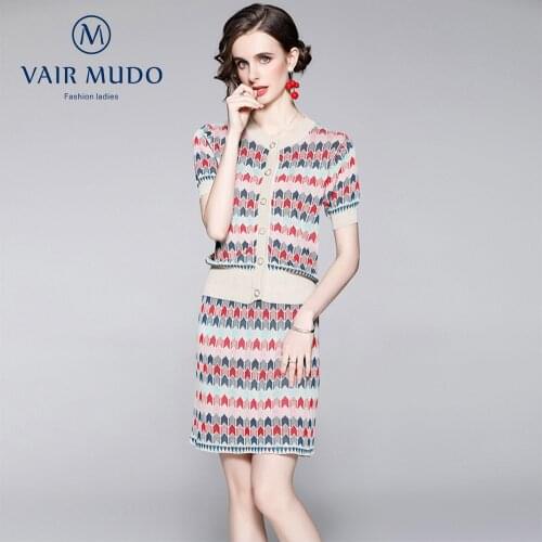 2021 New Women Summer Product Retro Bright Silk Short-Sleeved Knitted Two-Piece Skirt Women Dress Elegant Fashion Workers Y-63