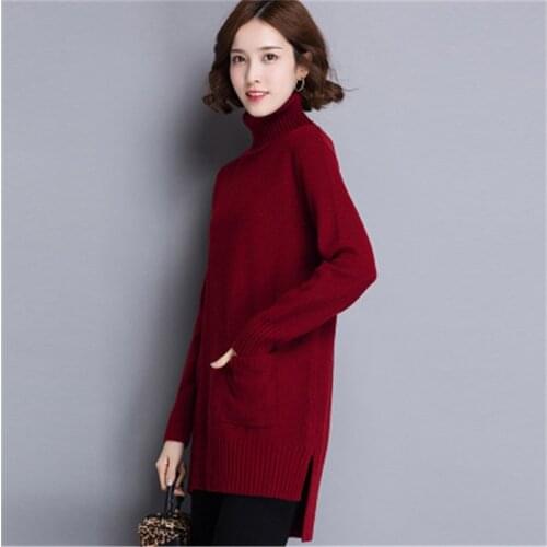 Pure wool thick knit women fashion turtleneck irregular hem long pullover sweater solid color S-3XL retail wholesale