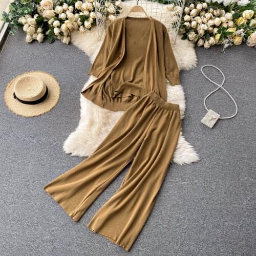 Beachapche 2021 Spring Fall Candy Color Knitted 3 Piece Sets Women Cardigans + Camisole + Pants Fashion Suit Elegant Ladies Knit