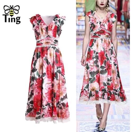 Tingfly 2021 Summer Runway Floral Ruffles High Waist Women Dress Vintage Lady Lace Patchwork Midi Long Dress A Line Vestidos Za
