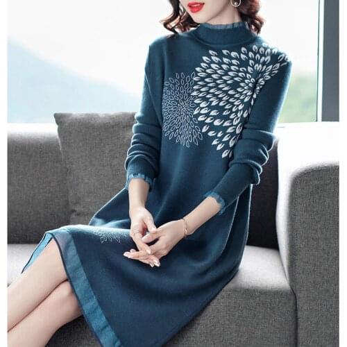 Women Sweater Dress 2021 Atuumn Winter Floral Jacquard Long Sleeve Woman Loose Blue Elegant Knitted Turleneck Dresses Bottoming