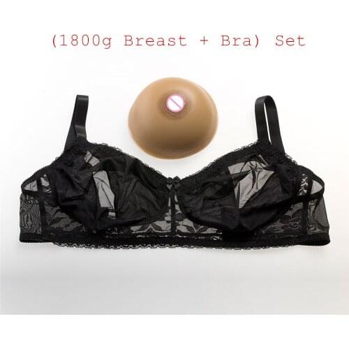 1800g/pair Brown Round Silicone Boobs+Sexy Black Transparent Lace Pocket Bra ) Crossdresser Large Breast With Bra Set