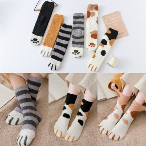 2021 1Pair Winter Warm Cat Paw Socks For Women Girls Fashion Plush Coral Fleece Sleeping Socks Home Floor Thick Socks