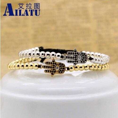 Ailatu Wholesale 4mm Top Quality Copper Beads Black Cz Hamsa Fatima Hand Style Charm Braiding Macrame Bracelets