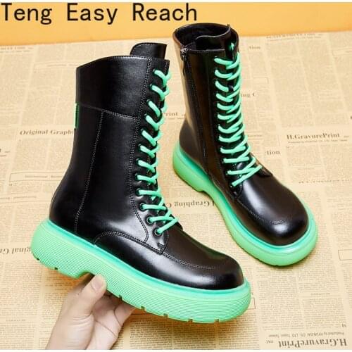 Fashion Ins Mid-Calf Boots Women Platform Genuine Leather Cowboy Boots Lace-up Zipper Motorcycle Boots Autumn Winter Shoes Woman