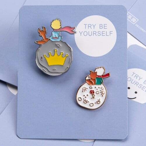 Trendy The Little Prince Brooch Cute Fox Crown Cartoon Enamel Pins For Clothes Backpack Brooch Personality Pin Charms Jewelry