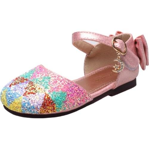 Kids sandals girls Glitter mixed colors bowtie children shoes party dance low Heel Princess shoes checkered Casual Mary Janes