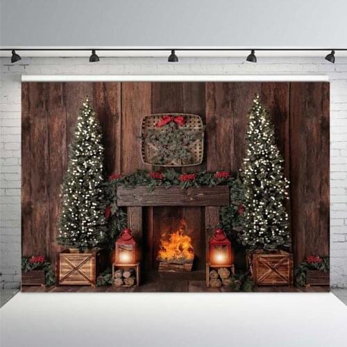 Photography Background Christmas Decoration Tree Retro Vintage Wooden Wall Fireplace Christmas Backdrops for Photo Studio