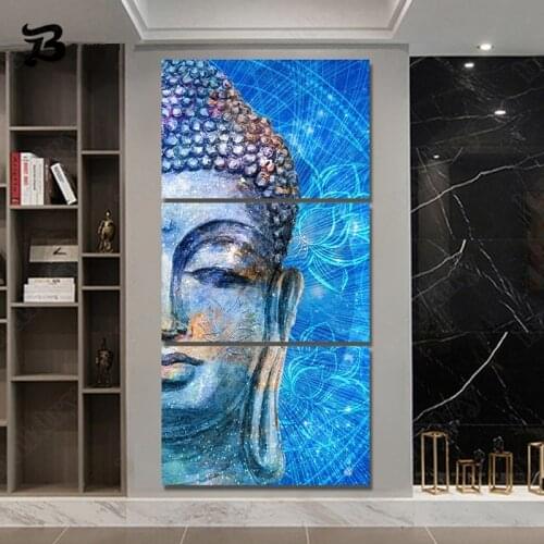 Canvas Painting 3 Piece Buddha with Lotus Wall Pictures Canvas Posters and Hd Prints Blue Watercolor for Living Room Wall Decor
