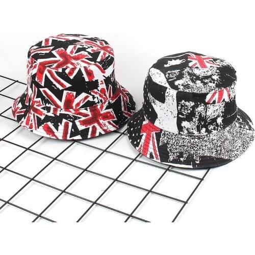 2018 New Design Two Sides Men&Women Bucket Cap Black Print Hip Hop Fishing Hats Cool Outdoor Summer Caps Flag Graffiti Canvas