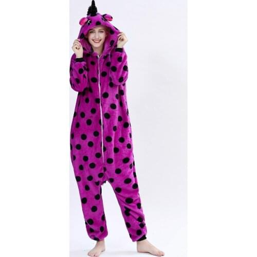 Purple Dot Unicorn Kigurumi Onesie Adult Women Animal Pajamas Flannel Costumes Sleepwear Onepiece Winter Jumpsuit Pijama Cosplay