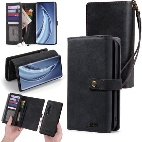 Wallet Adsorption Leather Phone Case For Xiaomi 10 10pro 5g Redmi Note8 Note9 Note8pro Note9pro With Hand Strap Black Cover
