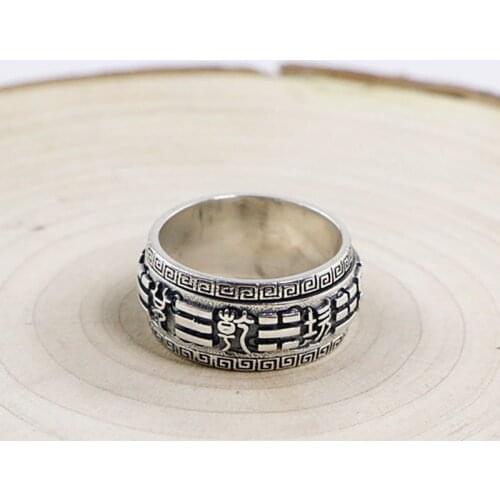 Taoist Personality Rotate Retro Six Words Scripture Thai Silver Ring Male Ring Wide S925 Sterling Silver