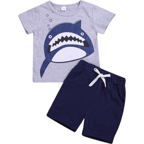 New Summer Baby Boys Suits Short Sleeveless Cartoon Shark Print T-shirt + Shorts Clothing Sets