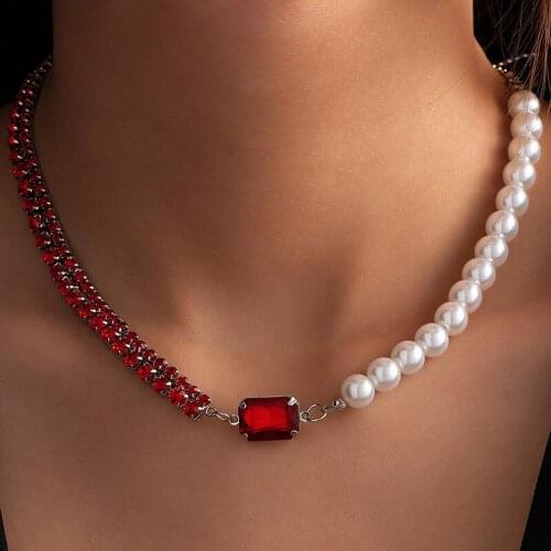 2021 Ins Rhodium Red Rhinestone Chain White Pearl Beads Beaded Choker Necklaces Trendy Korean Fashion Women Party Jewelry