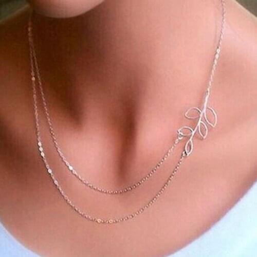Metal Leaves Branch Tree Leaf Necklace Silver Plating Double Short Multilayer Chain Necklace Clavicle Chain For Women Jewelry