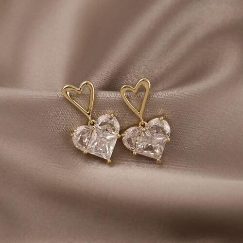 Simple Romantic Double Heart Crystal Pendant Earrings 2021 New Korean Fashion Womens Earrings Wedding Party Womens Jewelry
