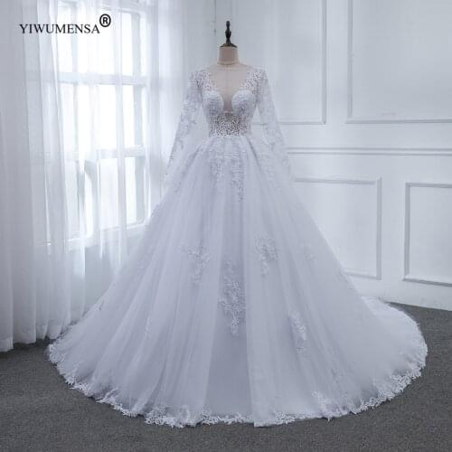 A50 See Through Ball Gown Long Sleeves Wedding Dress 2020 Princess Cathedral/ Royal Train Bride Gown Robe De Marriage Luxury