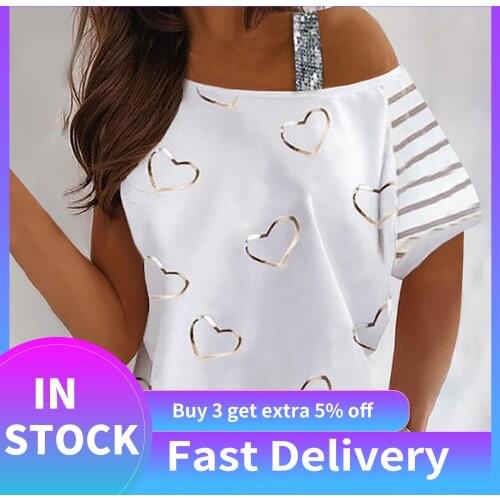 One-shoulder Shirts Blouse Women Lovely Love Print Shiny Loose Shoulder Fashion Short Sleeve Casual Top Camisetas De Mujer