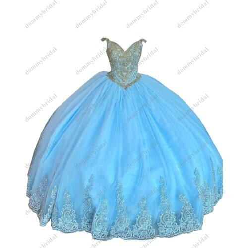 Modest Light Blue and Gold Embellishment Ball gown Quinceanera Dress Cocktail Party Prom Dresses for Girls Mexican Sweet 15 16