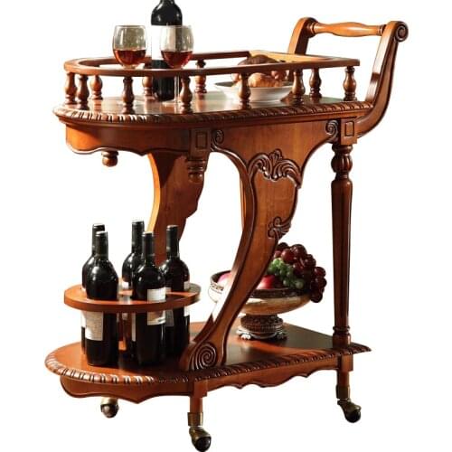 European-Style Solid Wood Dining Car Home Retro Restaurant Wine Storage Rack Small Dining Car American Hotel Tea Trolley