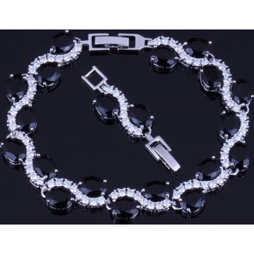 Delightful Oval Egg Black Cubic Zirconia White CZ Silver Plated Link Chain Bracelet 18cm 20cm V0055
