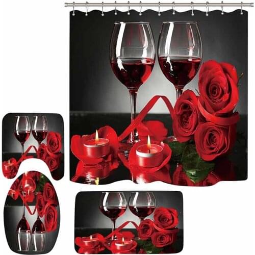 Shower Curtains Set Bathroom Curtain Toilet Seat Cover Bath Mat Carpet 3D Wine Glass Rose Digital Print Valentines Day Gift