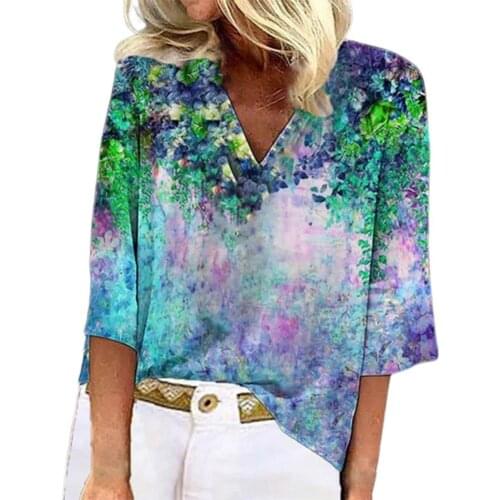 Women Blouse Shirts Loose Lady Shirt Three Quarter Sleeve Floral Print V Neck Blouse Women Three Quarter Sleeve Floral Blouse