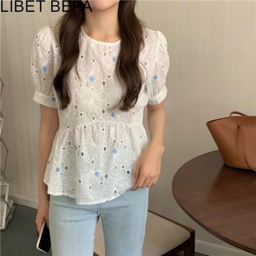 New 2021 Summer Women Blouse Fashionable Shirt Sweet Embroidery Cut Out Elegant Wild Korean Style Lady Vintage White Top BL9255A