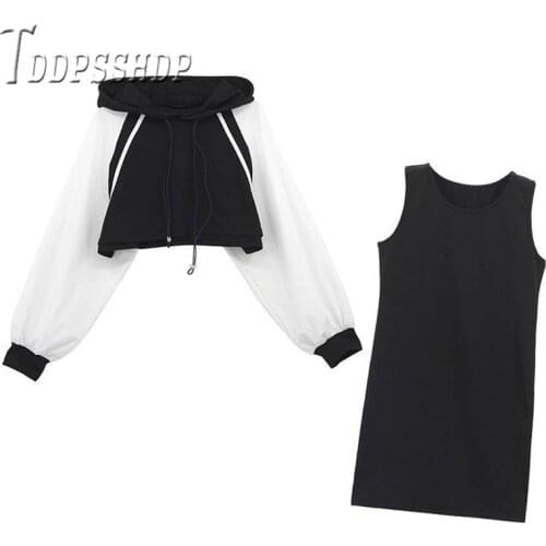 2019 Early Autumn Korean Women Sets Sleeveless Dress And Sweatshirt Female Sets