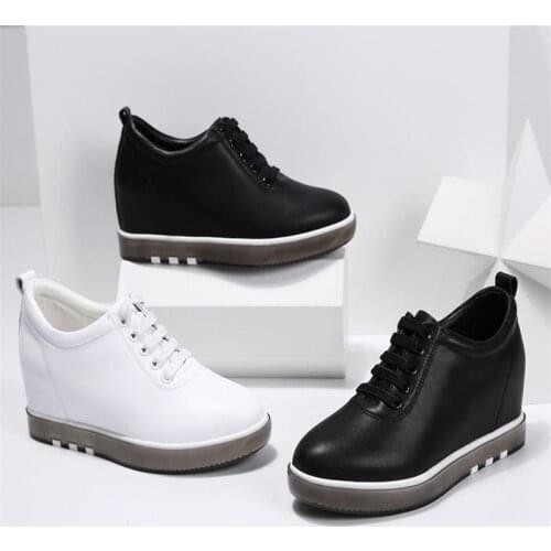 Hide Heel Genuine Leather Shoes Women Fashion Sneakers New Lace Up Height Increasing Casual Shoes White Sneakers