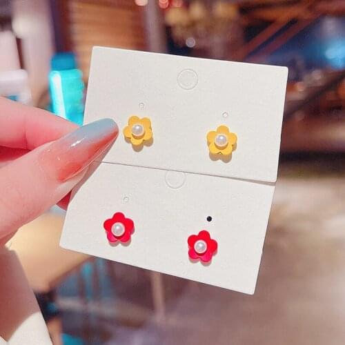 Summer Creative Red Yellow Flower Pearl Earrings Charming Womens Stud Earrings Jewelry Gift Fashion Girl Party Accessories