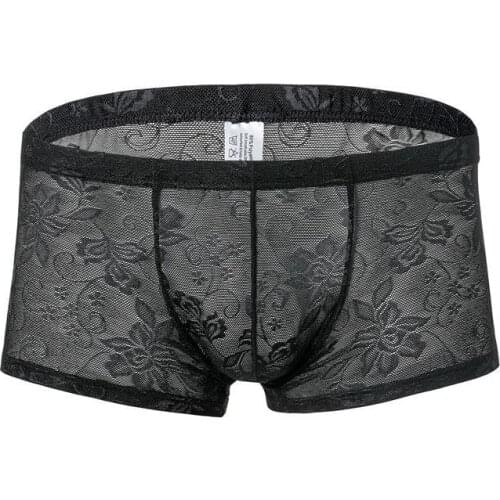 Sexy Mens Boxers Shorts Mesh Man Sex Underwear Lingerie Trunk Transparent Mesh See Through Floral Lace Underpants Dropship