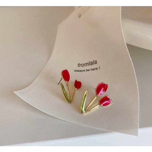 French Vintage Red Enamel Flower Earrings for Women Gold Color Alloy Tulip Floral Statement Dangle Earrings Party Pendientes