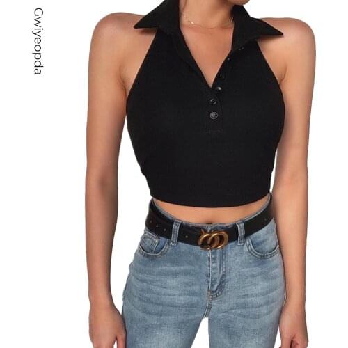 Women Sexy Backless Hollow Crop Top Vest Office lady Halter Neck Button Fly Black White S-L Stretch All-match Tank Tops