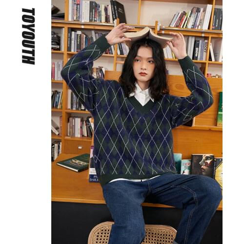 Toyouth Women Sweaters 2021 Winter Long Sleeve V Neck Loose Sweater Soft Red Diamond Check Vintage Casual Pullover Tops