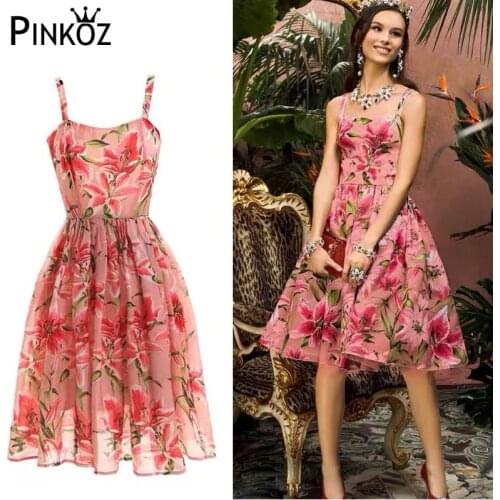 Pinkoz Lily Flower Print Midi Dress High Quality Spaghetti Strap Women Summer Floral Casual Beach Pinting Dreess Glitter Party