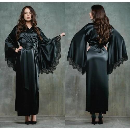 2020 Black Long Lingerie Womens Ladies Bride Robes Kimono Robe Satin Silk Lace Night Wear Gown Sleepwear Wedding Wear
