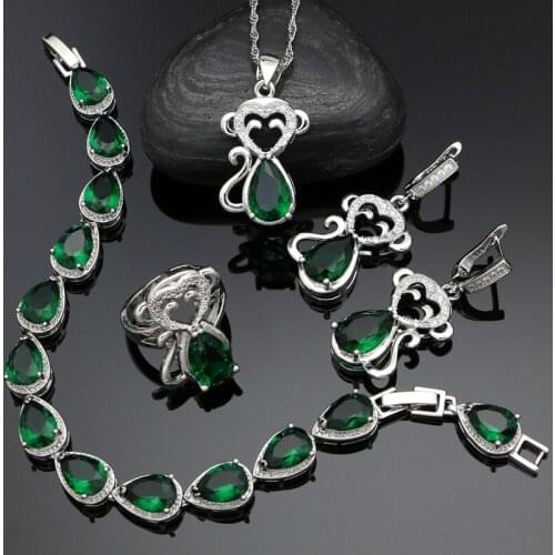925 Silver Jewelry Sets For Women Green Cubic Zirconia Monkey Shape Earrings Pendant Ring Bracelet Necklace