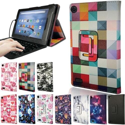 Tablet Case PU Leather Stand Wired Keyboard for Amazon Fire 7 (5th Gen 2015/7th Gen 2017/9th Gen 2019) Tablet PC Case Cover