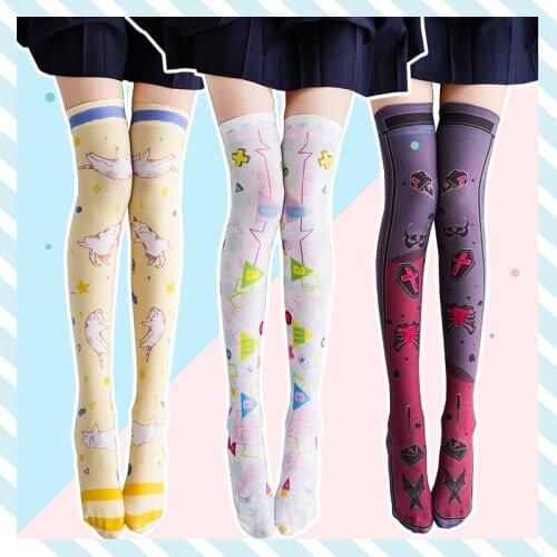Printed Knee Socks Harajuku Graffiti Girls Soft Sister Hold-Ups Velvet Printed Stockings
