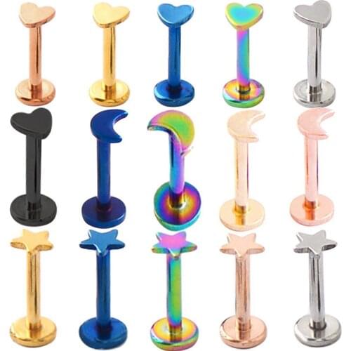 1pcs 8mm Titanium Stainless Steel Thread Helix Tongue Rings Lip Piercing Moon Star Heart Labret Ear Stud Punk Body Jewelry