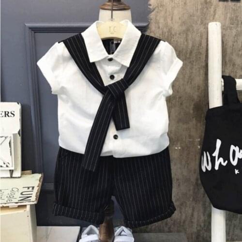 AiLe Rabbit 2018 new boy gentleman suit fake shawl tie shirt pants 2 piece suit fashion short sleeve striped pants Kids Clothing