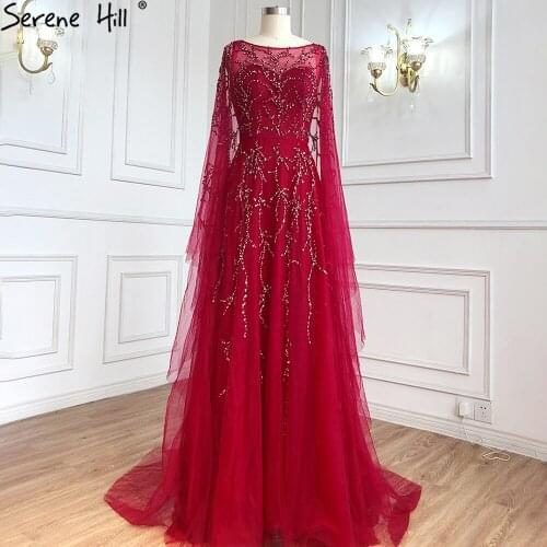 Wine Red Sleeveless Shawl Yarn Evening Dresses Beading Sequined Sexy Tulle Evening Gowns 2020 Real Photo LA6570