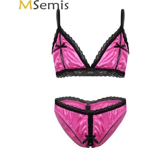 Lenceria Lace Satin Lingerie Set Mens Sissy Porno Babydoll Nightwear Split Nipples Bra with Open Crotch Briefs Sexy Gay Costumes